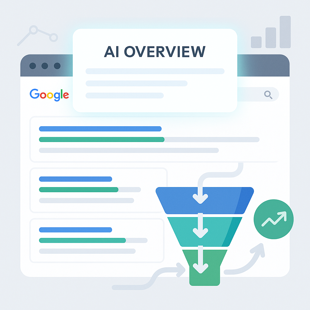 A digital illustration of an AI-powered data filtering process with a funnel, charts, and a search interface.