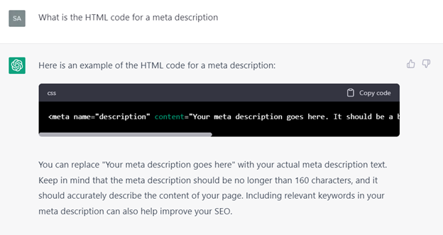 A screenshot of HTML code demonstrating a meta description tag with placeholder text for SEO purposes.