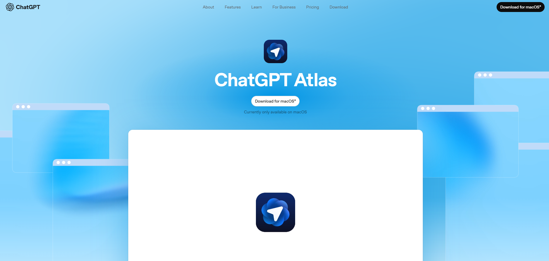 Screenshot of the ChatGPT Atlas website featuring a blue background, ChatGPT logo, and download button for macOS.